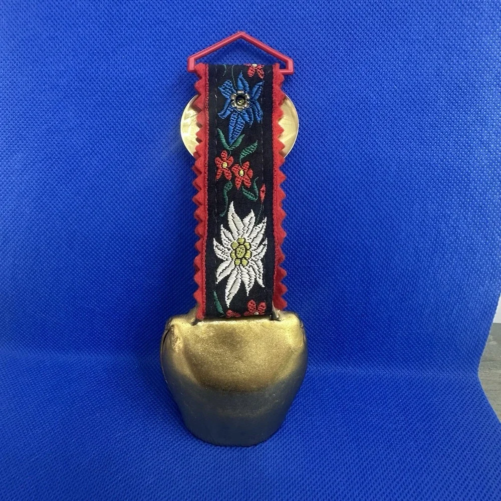 Vintage Floral Switzerland Gold Tone Metal Cow Bell with Floral‎ Heart Ribbon